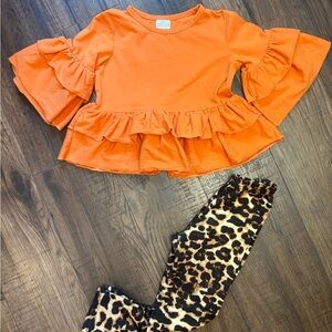 Orange Ruffle Top and Leopard Print Leggings Set